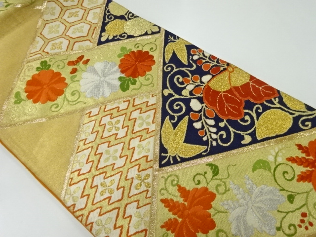 JAPANESE KIMONO / ANTIQUE FUKURO OBI / SILK / WOVEN FENCE & FLORAL ARABESQUE & CLASSICAL PATTERN